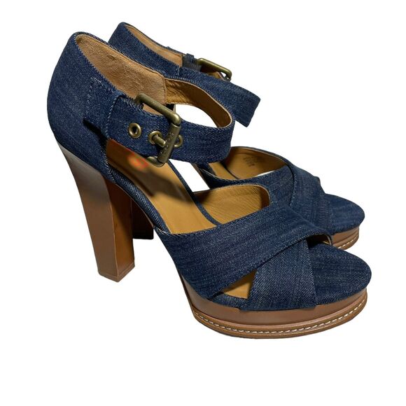 KORS Michael Kors Platform Sandal Heels Sz 10 Margo Blue Denim Leather - Picture 1 of 6